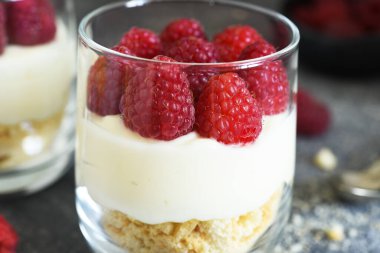 Beton arka planda bir bardakta ahudududulu cheesecake. Klasik tatlı..