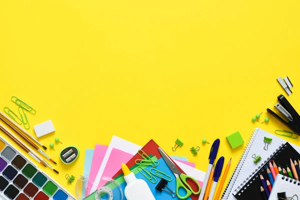 Back School School Supplies Yellow Background Layout School Accessories — Stock Photo, Image