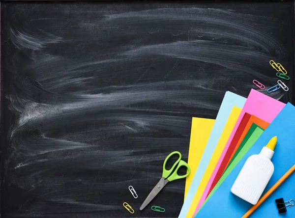 Back School School Supplies Blackboard Layout School Accessories Distance Learning — Stock Photo, Image