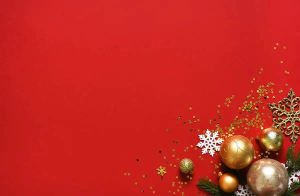 Beautiful Christmas Decoration Gifts Balls Red Background View New Year — Stock Photo, Image