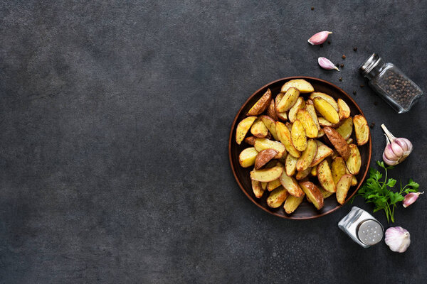 Fried potato wedges with salt and garlic in a plate on a black background. View from above.