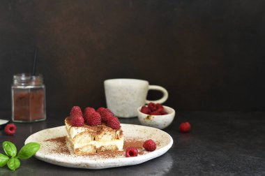 Koyu beton arka planda ahududulu tiramisu. Klasik İtalyan tatlısı tiramisu..