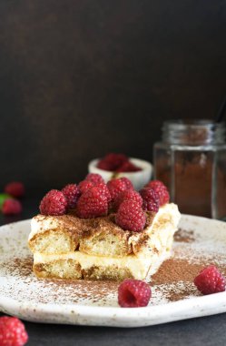 Koyu beton arka planda ahududulu tiramisu. Klasik İtalyan tatlısı tiramisu..