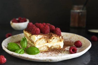 Koyu beton arka planda ahududulu tiramisu. Klasik İtalyan tatlısı tiramisu..