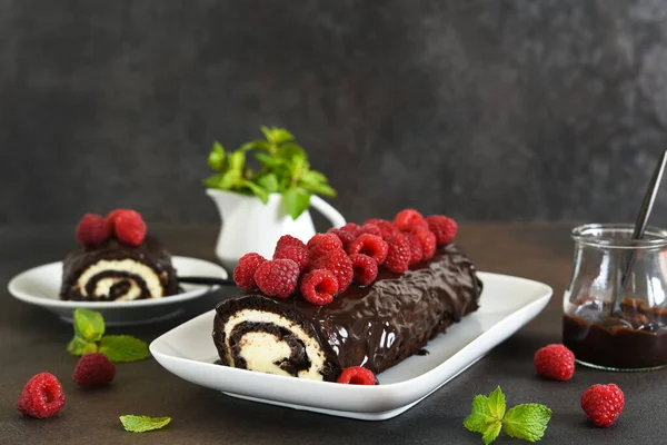 Chocolate Roll Cream Cheese Raspberries Cup Coffee Dark Background — Stock Photo, Image