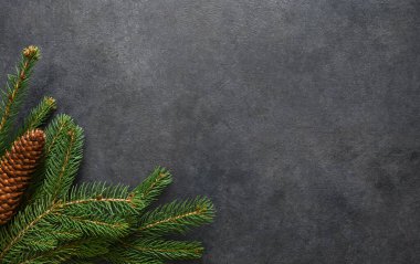 Yeni yıl kartı. Siyah arka planda köknar olan bir Noel diksiyonu.