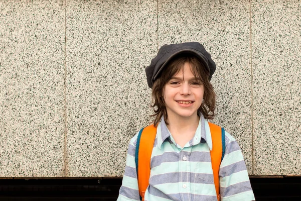 Schoolboy Blond Wearing Shirt Cap Knapsackstands Stands Granite Wall Smiling — Stock Photo, Image