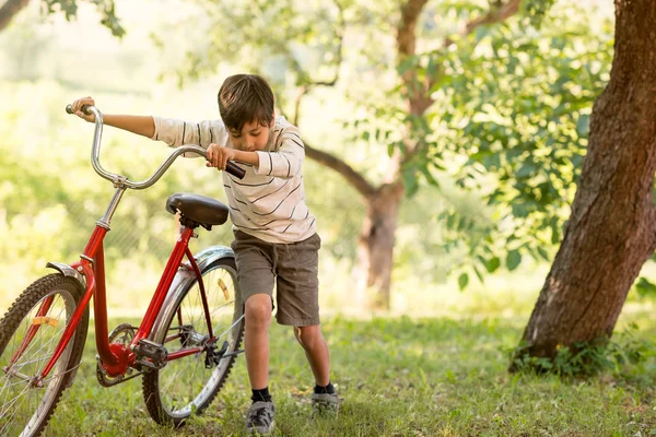 A schoolboy is pleased with a red bicycle in the forest or garden