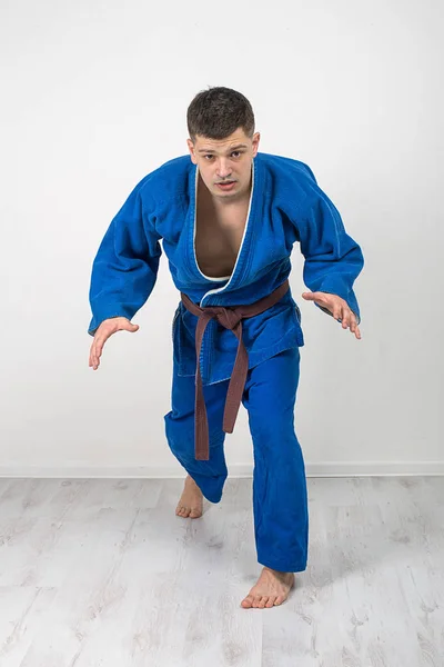 Atleta Kimono Azzurro Una Posa Del Combattente Attaccante Arti Marziali — Foto Stock