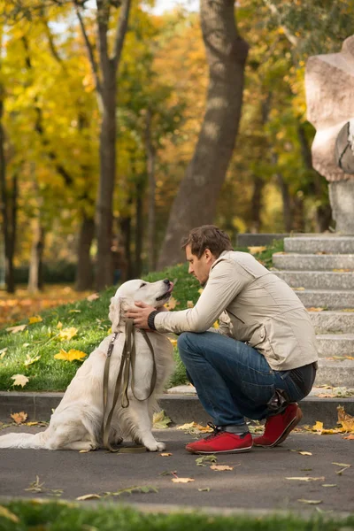 The young man wearing biege jacket and jeans is friendly with his big dog Labrador in an autumn park.  They look at each other, they have mutual understanding.