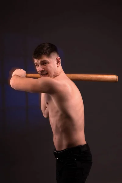 View Muscled Man Black Background Baseball Bat — Stock Photo, Image