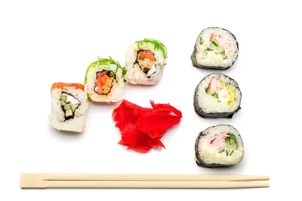 Voedsel Abstracte Achtergrond Het Witte Vlak Liggen Rollen Sushi Gember — Stockfoto