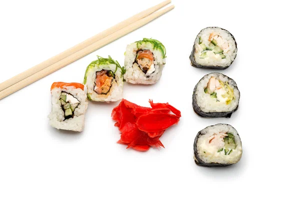 Fondo Abstracto Alimentos Plano Blanco Yacen Rollos Sushi Platos Jengibre — Foto de Stock