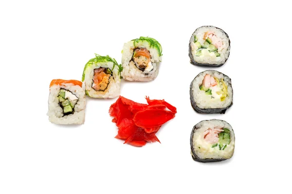 Voedsel Abstracte Achtergrond Het Witte Vlak Liggen Rollen Sushi Gember — Stockfoto