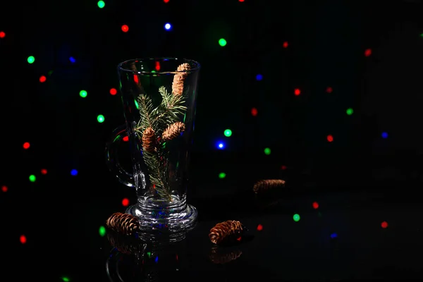 Christmas Abstraction Fir Tree Branch Cones Glass Reflecting Black Surface — Stock Photo, Image