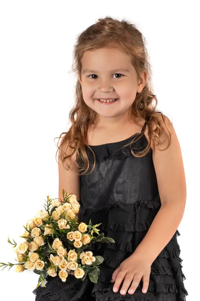 Portrait Taille Haute Une Petite Fille Souriante Avec Des Fleurs — Photo