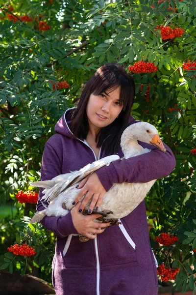 Waist Portrait Young Woman Feathered Friend White Goose Rowan Orange — Stock Photo, Image