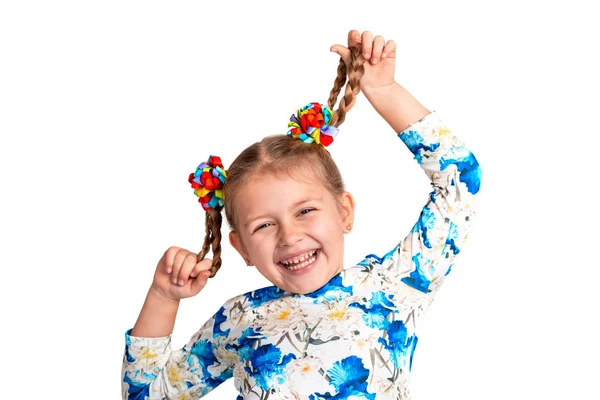 Studio Waist Portrait Little Smling Girl Wearing Shirt Print Two — Stock Photo, Image