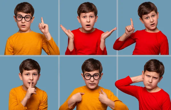 Zavřete různé emotivní portréty mladého chlapce, který nosí žluté — Stock fotografie