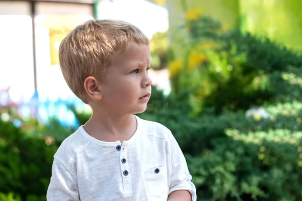 Nahaufnahme Porträt des niedlichen kleinen ernsthaften blonden Jungen im Park — Stockfoto
