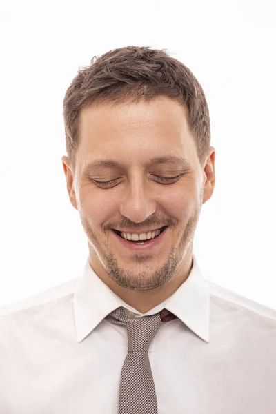 Close up portrait of a positive smiling man manager wearing a wh — Stock Photo, Image