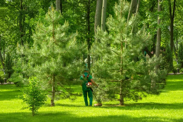 Arbeiter mit Rasenmäher im grünen Arbeitsanzug mäht den Rasen — Stockfoto