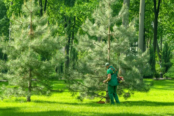 Arbeiter mit Rasenmäher im grünen Arbeitsanzug mäht den Rasen — Stockfoto