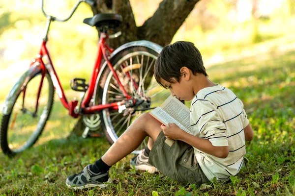 Pojken sitter på gräset i trädgården och tänker på boo — Stockfoto