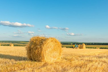 Çocuklar güneşli bir günde haystacks ile alan boyunca yürüyüş