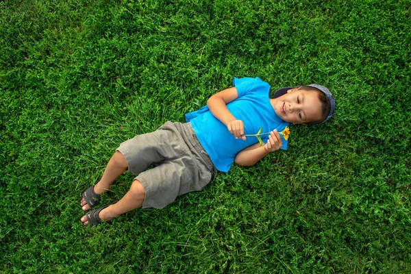 Mały chłopiec leży na zielonej trawie i marzy o czymś. — Zdjęcie stockowe