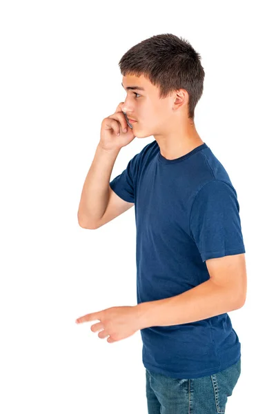 Половина Портрета Мальчика Подростка Брюнетки Синей Рубашке Белом Фоне Студии — стоковое фото