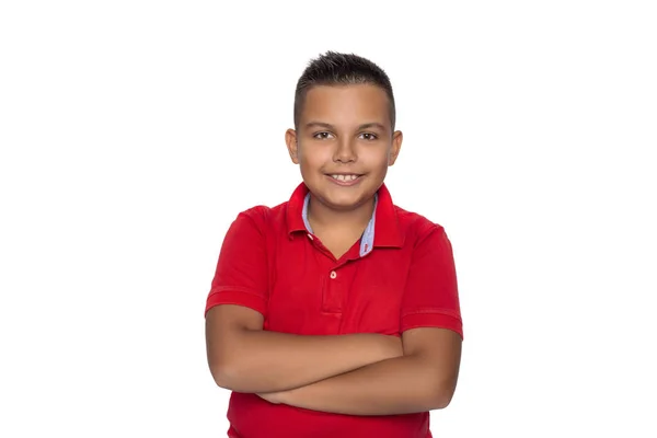 Halblanges Studioporträt eines lächelnden Jungen im roten Hemd — Stockfoto