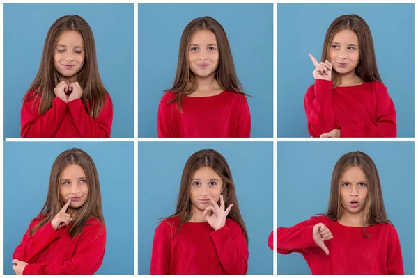 Divers portraits émotionnels de jeune fille portant des chemises rouges o — Photo