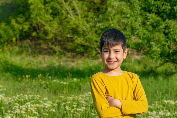 Taille Omhoog Portret Van Een Glimlachende Jonge Jongen Achtergrond Van — Stockfoto