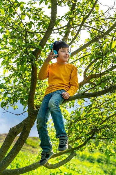 Aufnahme Des Jungen Lächelnden Jungen Mit Kopfhörern Der Auf Einem — Stockfoto