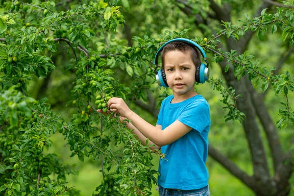 Aufnahme Des Kleinen Jungen Mit Kopfhörern Der Einem Sonnigen Sommertag — Stockfoto