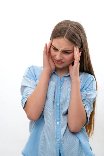 Emotional Waist Portrait Young Girl Wearing Blue Blouse Grey Background — Stock Photo, Image