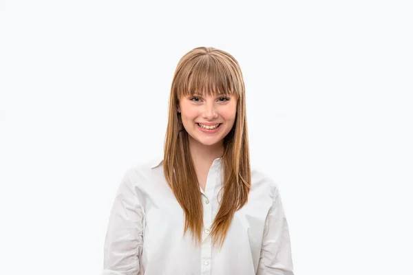 Waist Portrait Attractive Teenager Girl Long Hair Bangs Wearing White — Stock Photo, Image