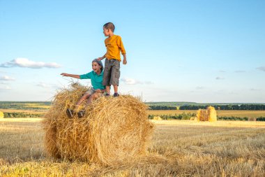 Tarım hasat konsepti. Çocuklar samanlıkta güneşli bir günde hasattan sonra saman balyalarıyla otururlar.. 