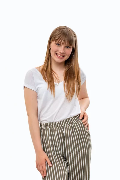 Retrato Metade Comprimento Uma Jovem Com Cabelo Loiro Longo Com — Fotografia de Stock