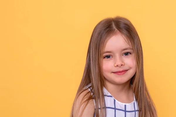 Head Shoulders Portrait Little Smiling Girl Long Blonde Hair Agains — Stock Photo, Image