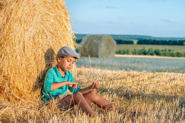 Erntekonzept Landwirtschaft Ein Teenager Sitzt Einem Sonnigen Tag Einem Heuhaufen — Stockfoto