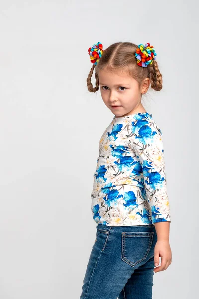 Half Length Profile Portrait Little Girl Wearing Shirt Blue Print — Stock Photo, Image