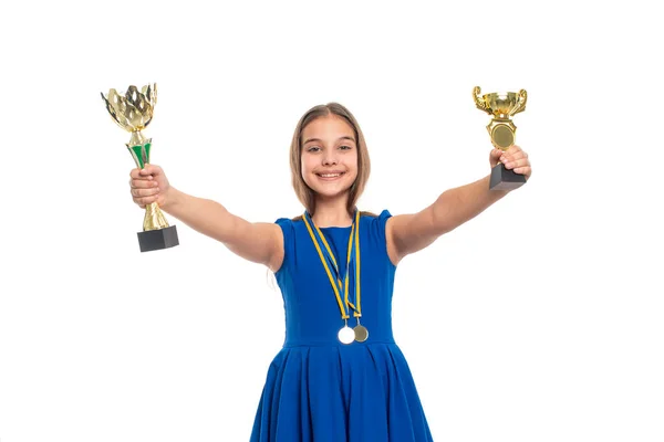Портрет Щасливої Успішної Молодої Дівчини Підлітка Блакитній Сукні Тримає Руках — стокове фото