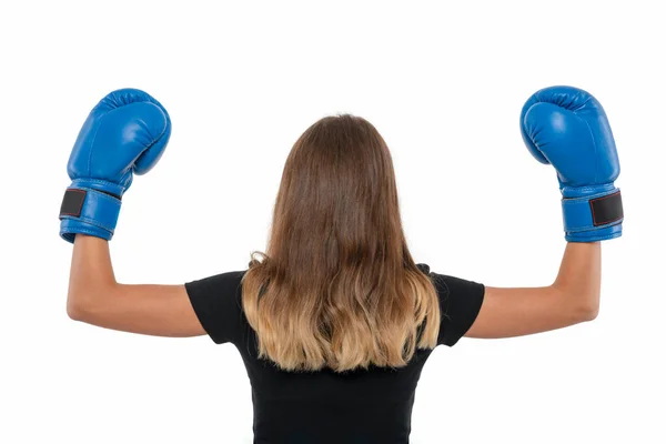 Tiro Menina Luvas Boxe Azul Com Costas Levantadas Com Braços — Fotografia de Stock