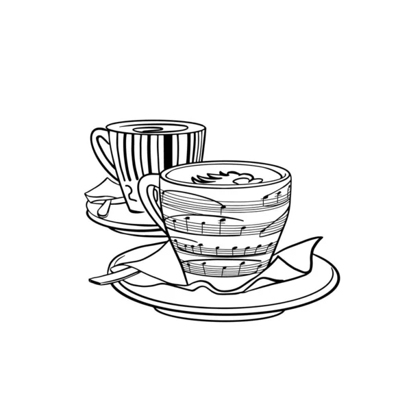 Üzerinde Notlar Barkod Resmi Olan Iki Fincan Kahve Çizimi Çizimleri — Stok Vektör