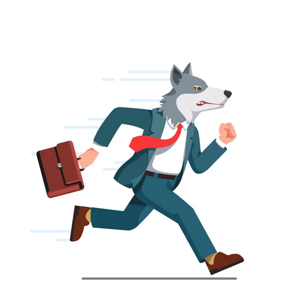 Business man met Wolf hoofd running met aktetas — Stockvector