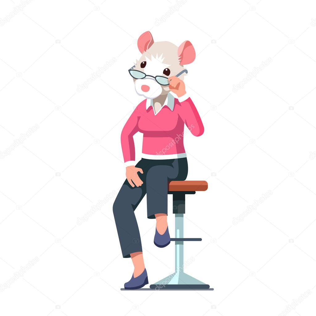 Woman with mouse head sitting on bar stool