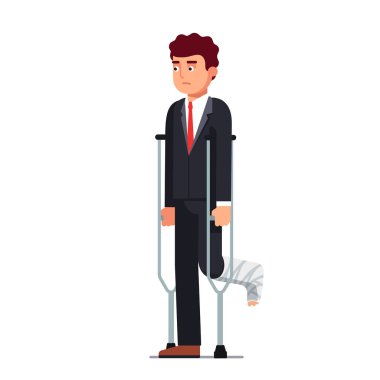 Kırık bacak bandaj döküm ile üzgün iş adamı