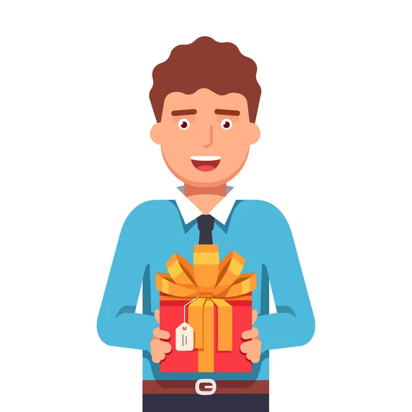 Hombre de negocios sosteniendo en las manos caja de regalo con cinta — Vector de stock